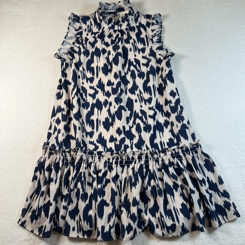 Pinch Dress Womens Small Blue Animal Print Ruffle Hem Shift High Neck Lined Mini
